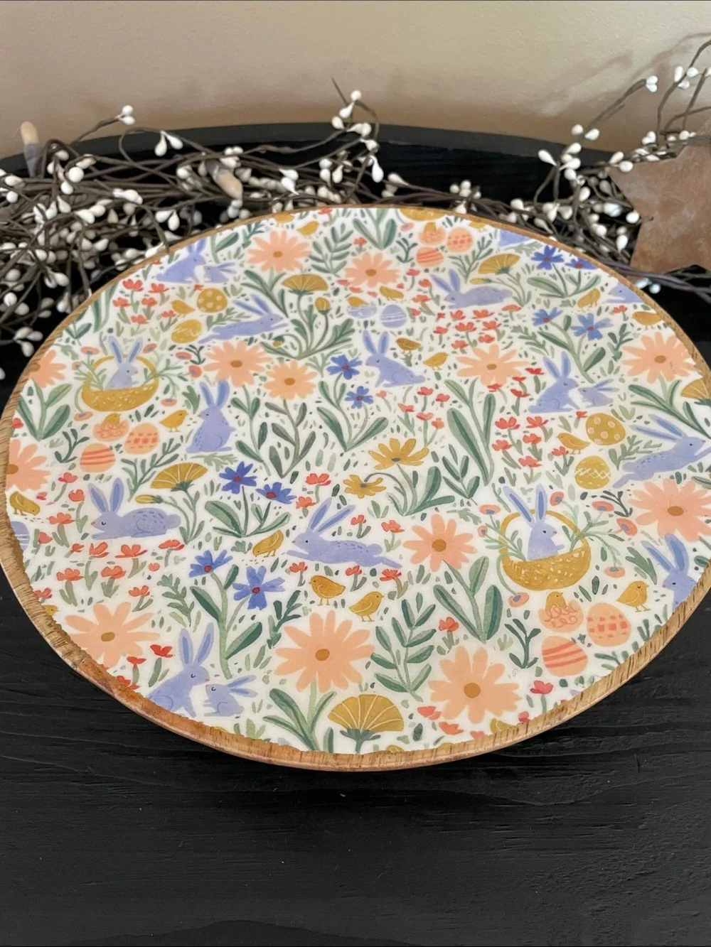 NWOT Floral Bunny Easter Round, Wooden, Serving, Pedestal Tray - 9.75”x2.25”